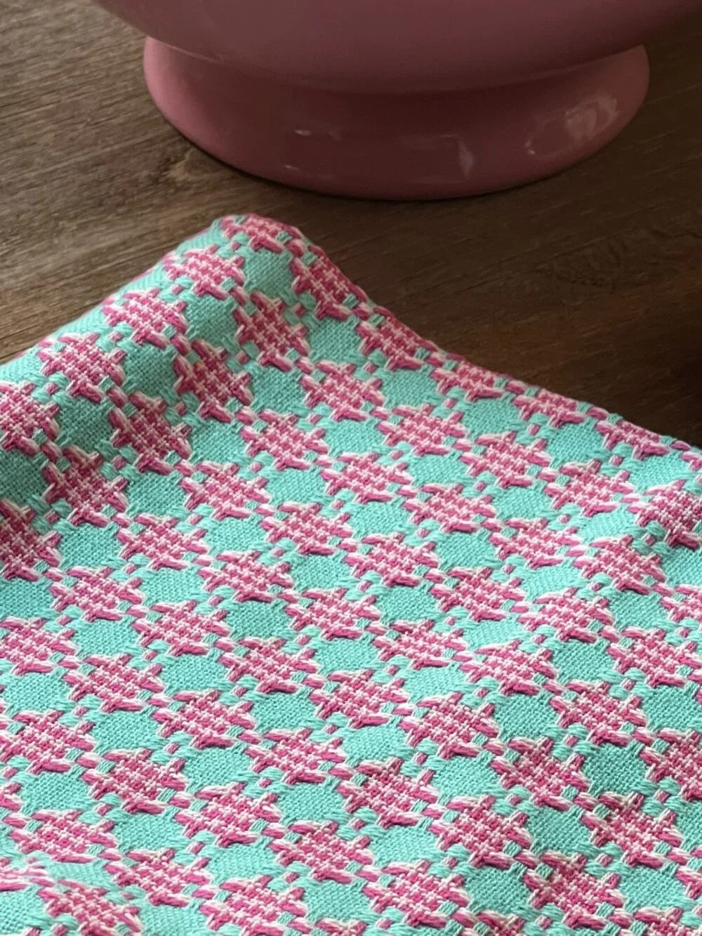 Anthropologie Aqua Pink Woven Geo Kitchen Towel -NEW - Theme: Textile Candy